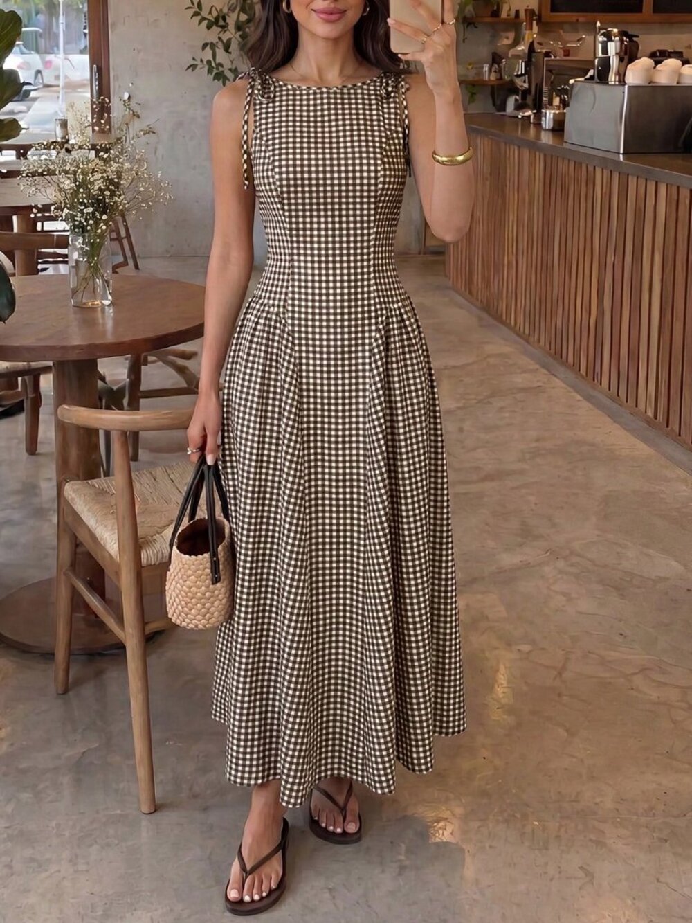 Brown Elegant Women's Sleeveless Plaid Waist-Cinching A-Line Midi Dress - Picture 7 of 8